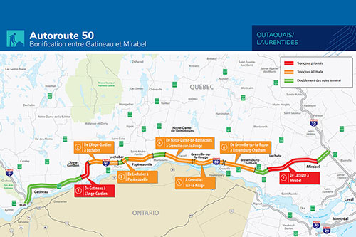 Carte de la bonification de l'autoroute 50, entre Gatineau et Mirabel - Crédit : MTQ