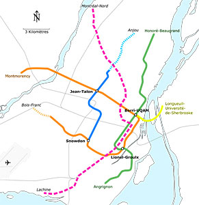 Vue d’ensemble du réseau de métro de Montréal et de ses projets de prolongement - Crédit : Calvin411