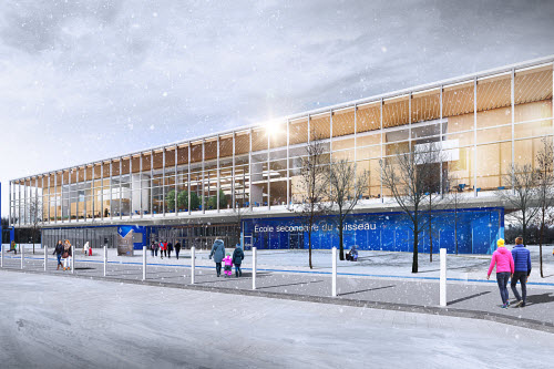 Nouvelle génération d’écoles : de bleu, de bois et d’aluminium - Crédit : Vincent Leclerc Architecte inc.