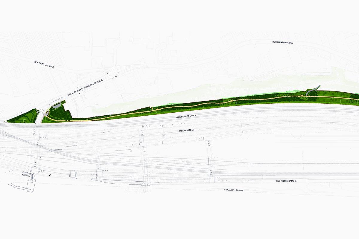 Projet Turcot : la bande verte au pied de la falaise Saint-Jacques prend vie. Crédit : Ministère des Transports