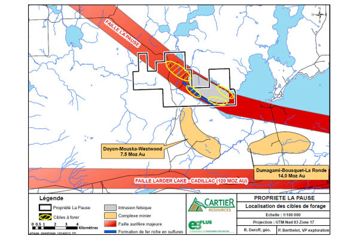 Localisation des cibles de forage sur la propriété La Pause, Ressources Cartier