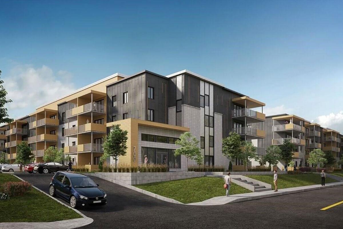 À Beauport, sur la rue d’Everell, la troisième et la quatrième phases du projet résidentiel le LATTÉ seront érigées, totalisant 160 nouveaux appartements - Perspective fournie par Logisco