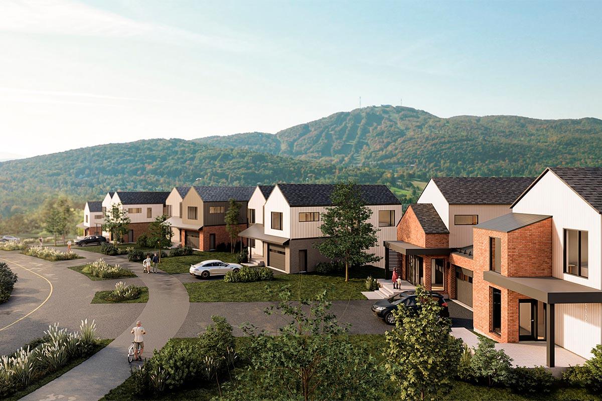 Le Quartier Samara de Bromont proposera, à terme, 587 unités d'habitation variées ainsi qu’une école.  Crédit : Images M1nuit moins une - Quartier Samara