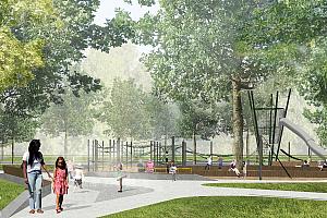 Début du projet d’aménagement du pôle famille du parc La Fontaine. Crédit : Ville de Montréal