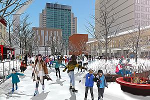 L’esplanade Clark accueillera des spectacles pendant la saison des festivals et une patinoire réfrigérée en hiver. Crédit: Fauteux et associés, architectes paysagistes 